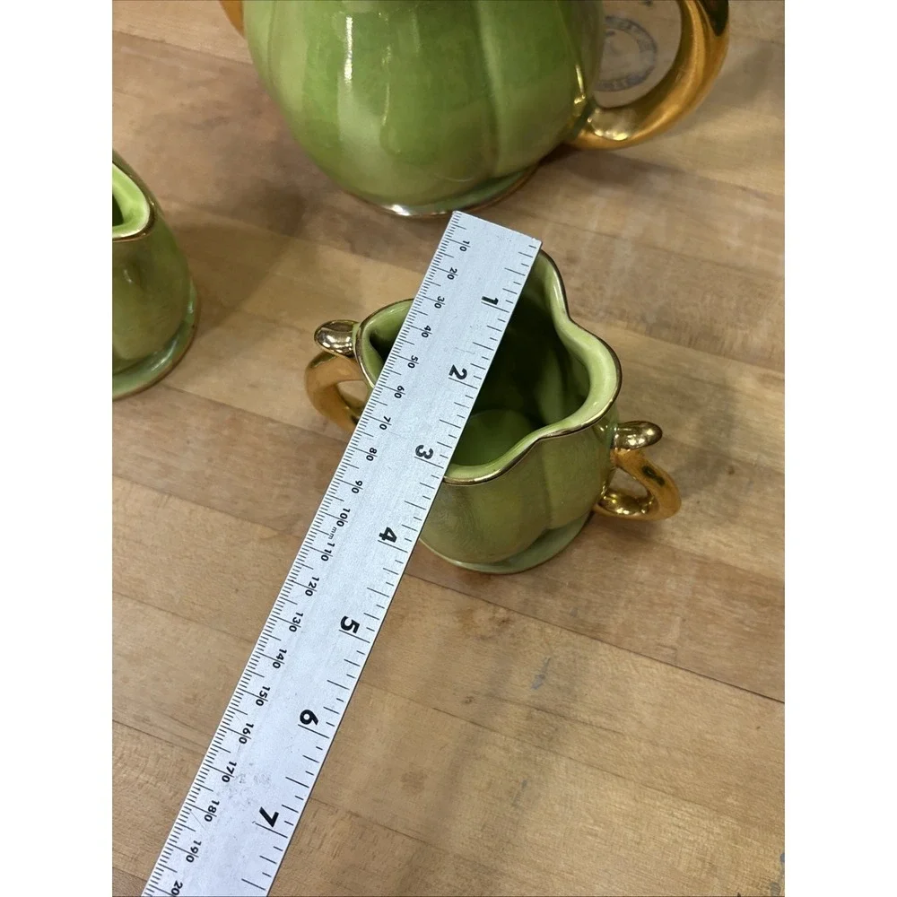 Vintage Pearl China Lime Green Lusterware Tea Set 22K Gold Teapot Creamer Sugar